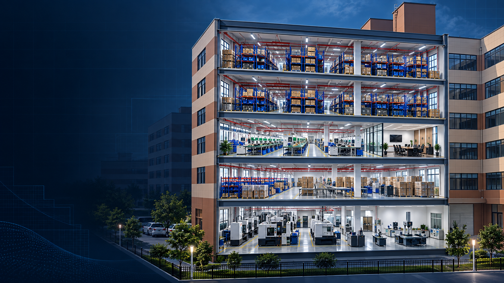 Conceptual five-floor plant cutaway, with parts storage on the upper floors, assembly and offices in the middle, finished goods on the second floor, and machining and laboratory areas on the ground floor.